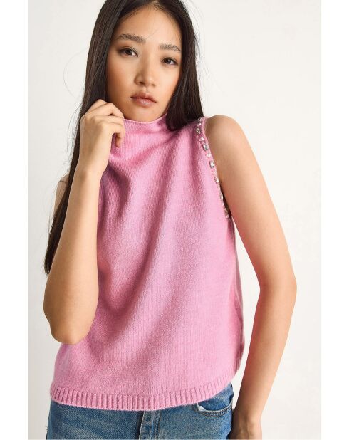 Pull sans manches à col roulé mi/long avec détails en pierre rose