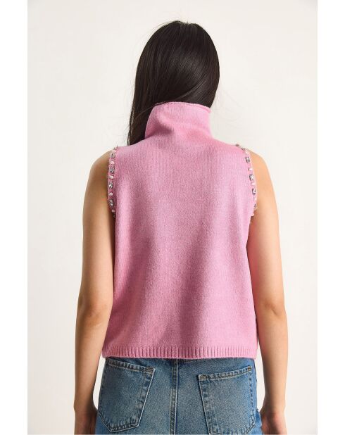 Pull sans manches à col roulé mi/long avec détails en pierre rose
