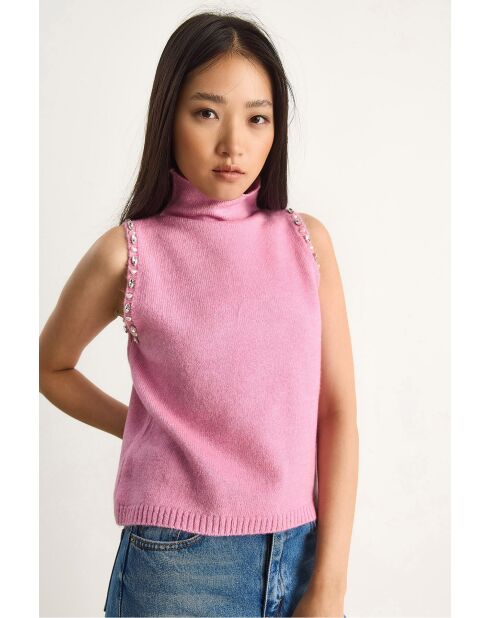 Pull sans manches à col roulé mi/long avec détails en pierre rose