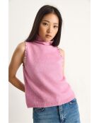 Pull sans manches à col roulé mi/long avec détails en pierre rose