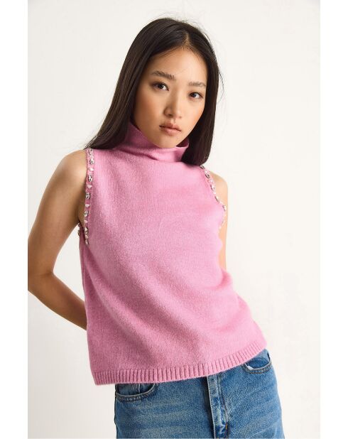 Pull sans manches à col roulé mi/long avec détails en pierre rose
