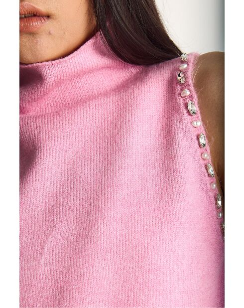 Pull sans manches à col roulé mi/long avec détails en pierre rose