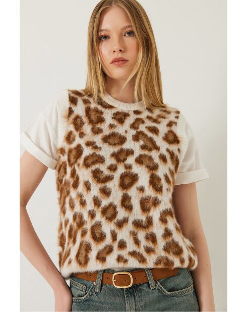 Pull sans manches en polaire à imprimé léopard écru/marron