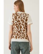 Pull sans manches en polaire à imprimé léopard écru/marron
