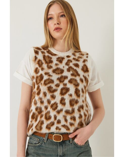 Pull sans manches en polaire à imprimé léopard écru/marron