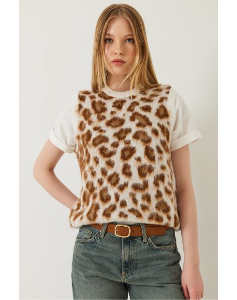 Pull sans manches en polaire à imprimé léopard écru/marron