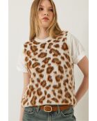 Pull sans manches en polaire à imprimé léopard écru/marron