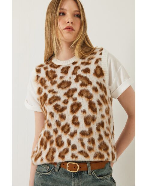 Pull sans manches en polaire à imprimé léopard écru/marron