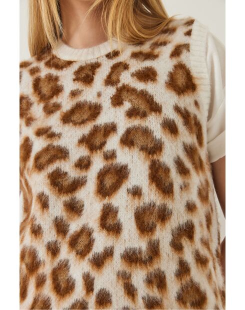 Pull sans manches en polaire à imprimé léopard écru/marron