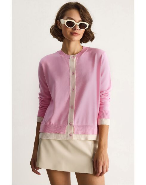 Gilet boutonné à col rond colorblock rose