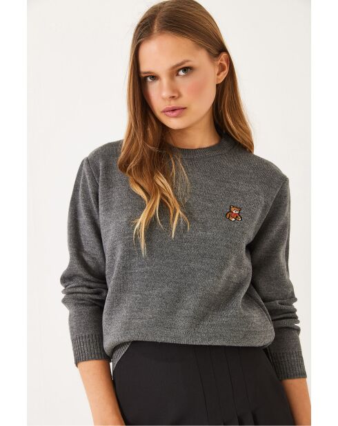 Pull basique teddy brodé anthracite