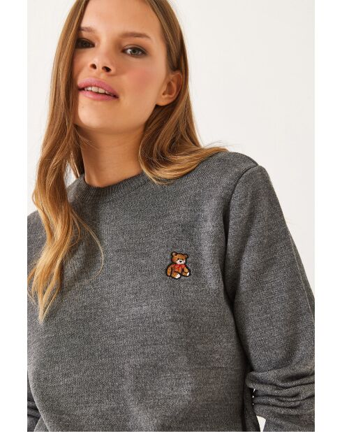 Pull basique teddy brodé anthracite