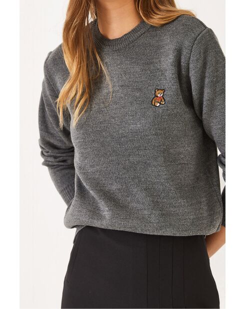 Pull basique teddy brodé anthracite