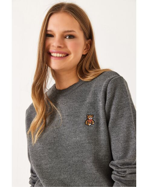 Pull basique teddy brodé anthracite