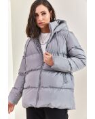 Doudoune longue à capuche avec cordon de serrage grise