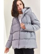 Doudoune longue à capuche avec cordon de serrage grise