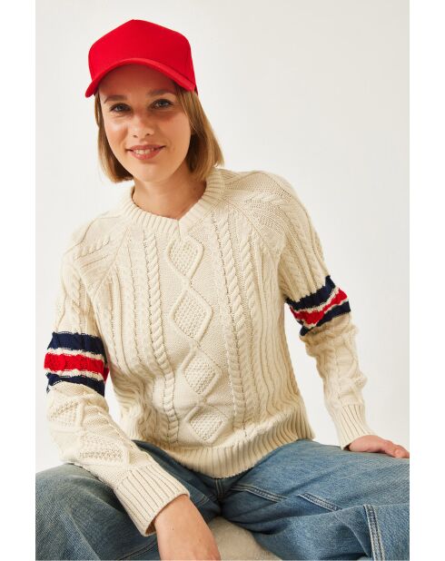 Pull en maille à col V écru