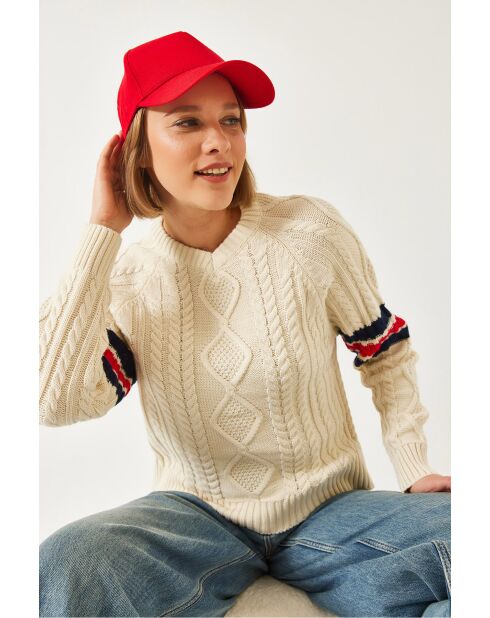 Pull en maille à col V écru