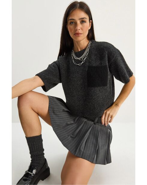 Pull en maille à manches courtes color block avec poches anthracite