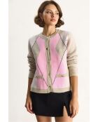 Gilet à motif losanges doux beige et rose