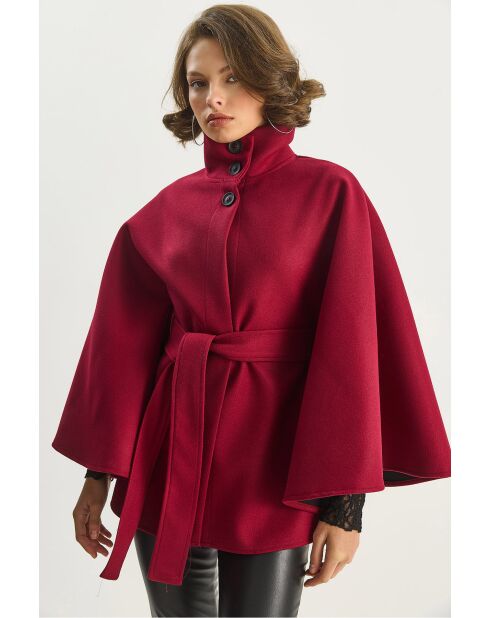 Poncho en laine mélangée ceinturé à col montant bourgogne