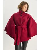 Poncho en laine mélangée ceinturé à col montant bourgogne
