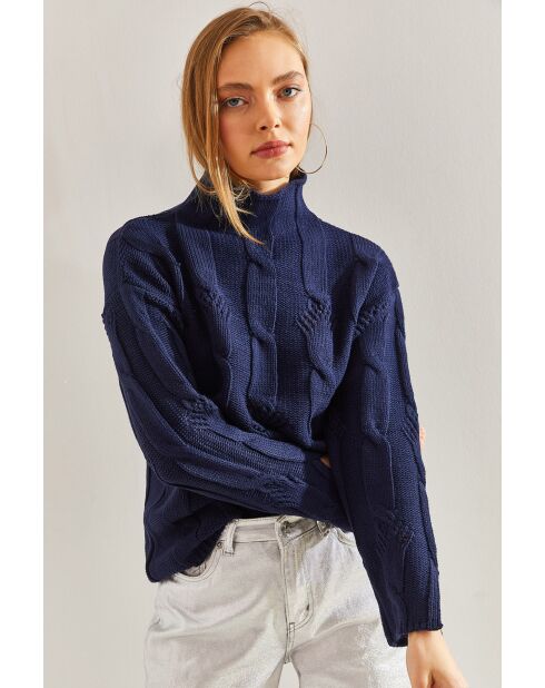 Pull à col montant en grosse maille avec motif tressé bleu marine