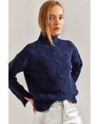 Pull à col montant en grosse maille avec motif tressé bleu marine