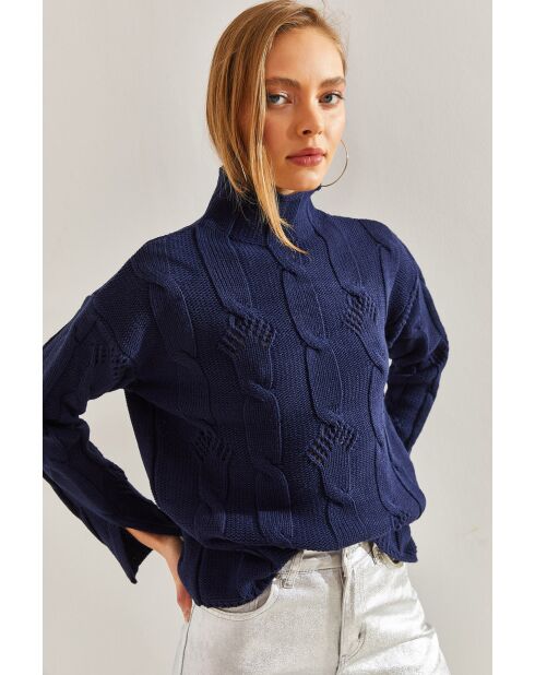 Pull à col montant en grosse maille avec motif tressé bleu marine