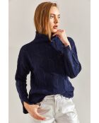 Pull à col montant en grosse maille avec motif tressé bleu marine