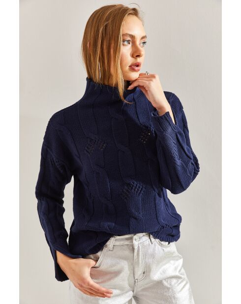 Pull à col montant en grosse maille avec motif tressé bleu marine
