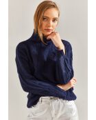 Pull à col montant en grosse maille avec motif tressé bleu marine