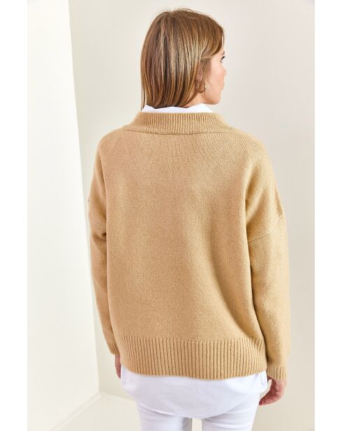 Pull en maille à col V camel