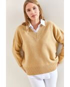 Pull en maille à col V camel