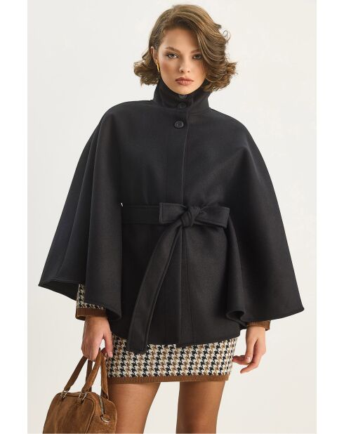 Poncho nero a collo alto in misto lana con cintura