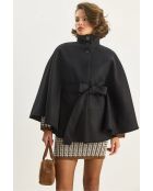 Poncho nero a collo alto in misto lana con cintura