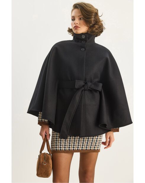 Poncho nero a collo alto in misto lana con cintura