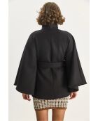 Poncho nero a collo alto in misto lana con cintura