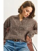 Pull en maille bouclée texturée à col V brun