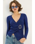 Langärmliges Top mit Wickelkragen mit blaugoldenen Details