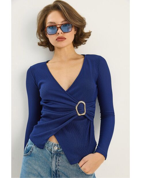 Langärmliges Top mit Wickelkragen mit blaugoldenen Details