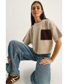 Pull en maille à manches courtes color block avec poches beige