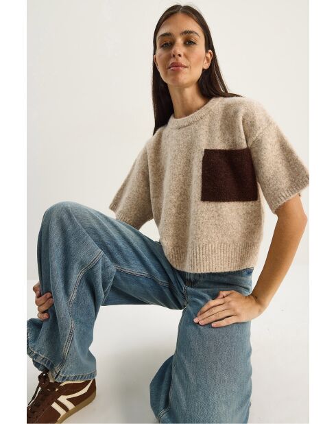 Pull en maille à manches courtes color block avec poches beige