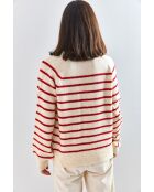 Pull à col roulé rayé avec col boutonné beige/rouge