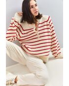 Pull à col roulé rayé avec col boutonné beige/rouge