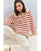 Pull à col roulé rayé avec col boutonné beige/rouge