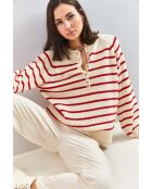 Pull à col roulé rayé avec col boutonné beige/rouge