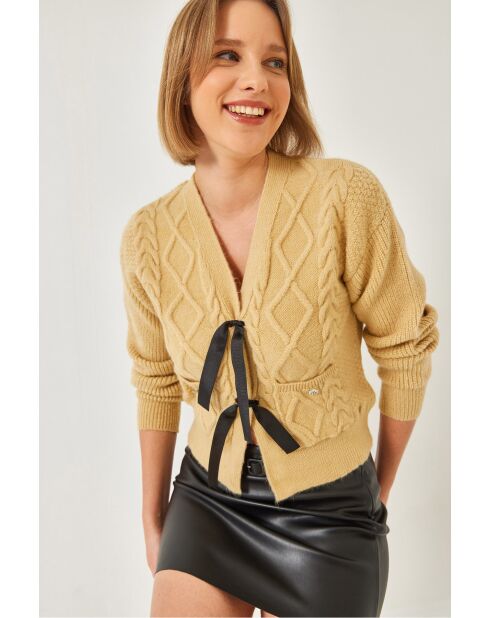 Gilet tricoté avec nœud et poches vison