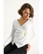 Top a manica lunga con collo a portafoglio con dettagli in oro bianco