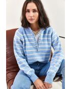 Pull à col roulé rayé avec col boutonné bleu bébé